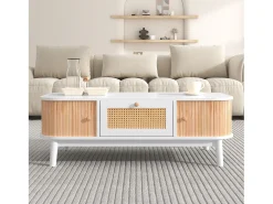 Mesa de centro em vime - Gaveta e 2 portas de correr - Branco e tom natural claro