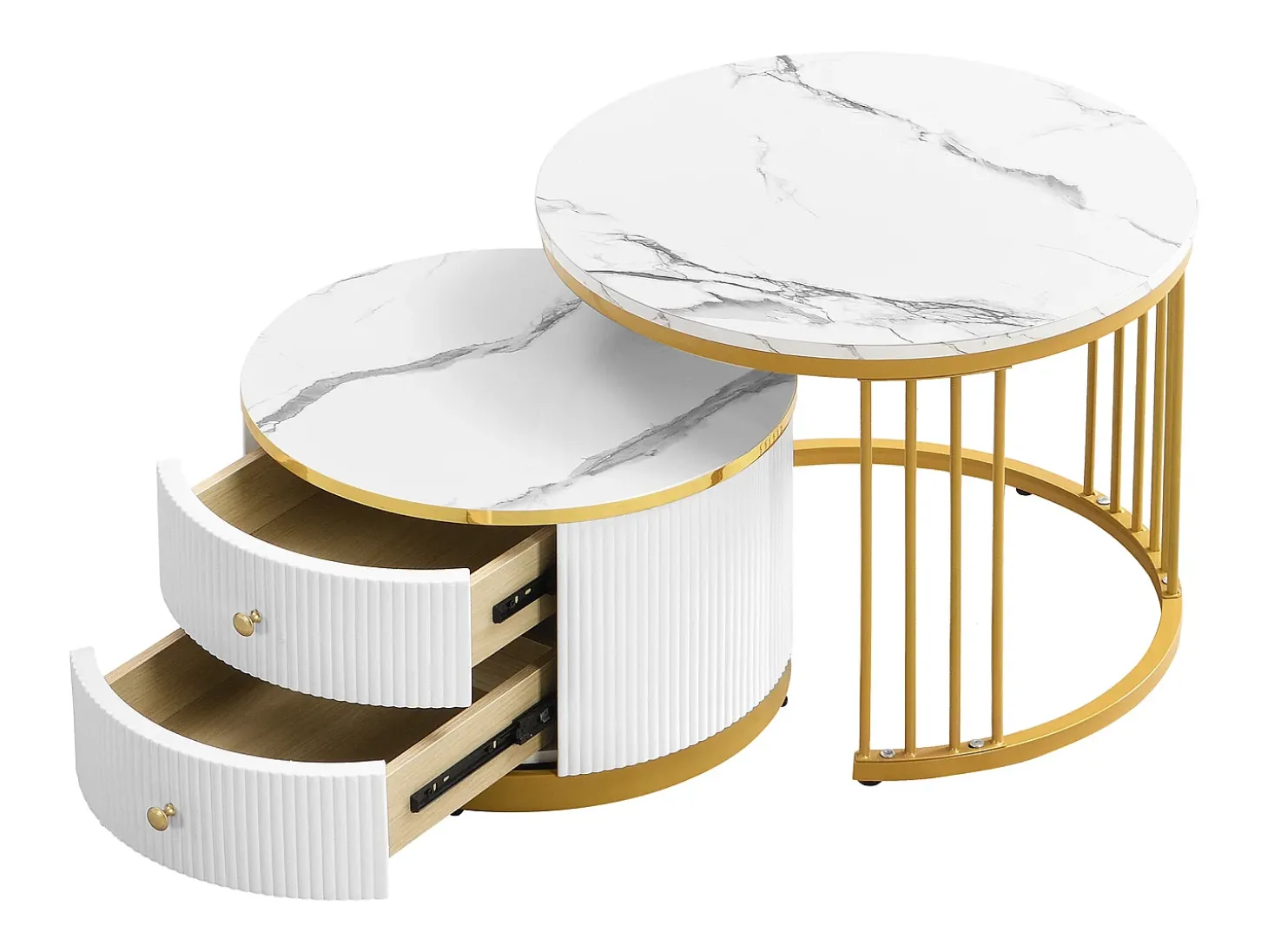 Mesa de centro encaixável com 2 gavetas - Tampo redondo com efeito mármore - Branco e dourado