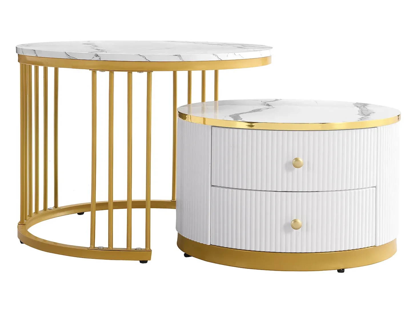 Mesa de centro encaixável com 2 gavetas - Tampo redondo com efeito mármore - Branco e dourado