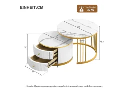 Mesa de centro encaixável com 2 gavetas - Tampo redondo com efeito mármore - Branco e dourado