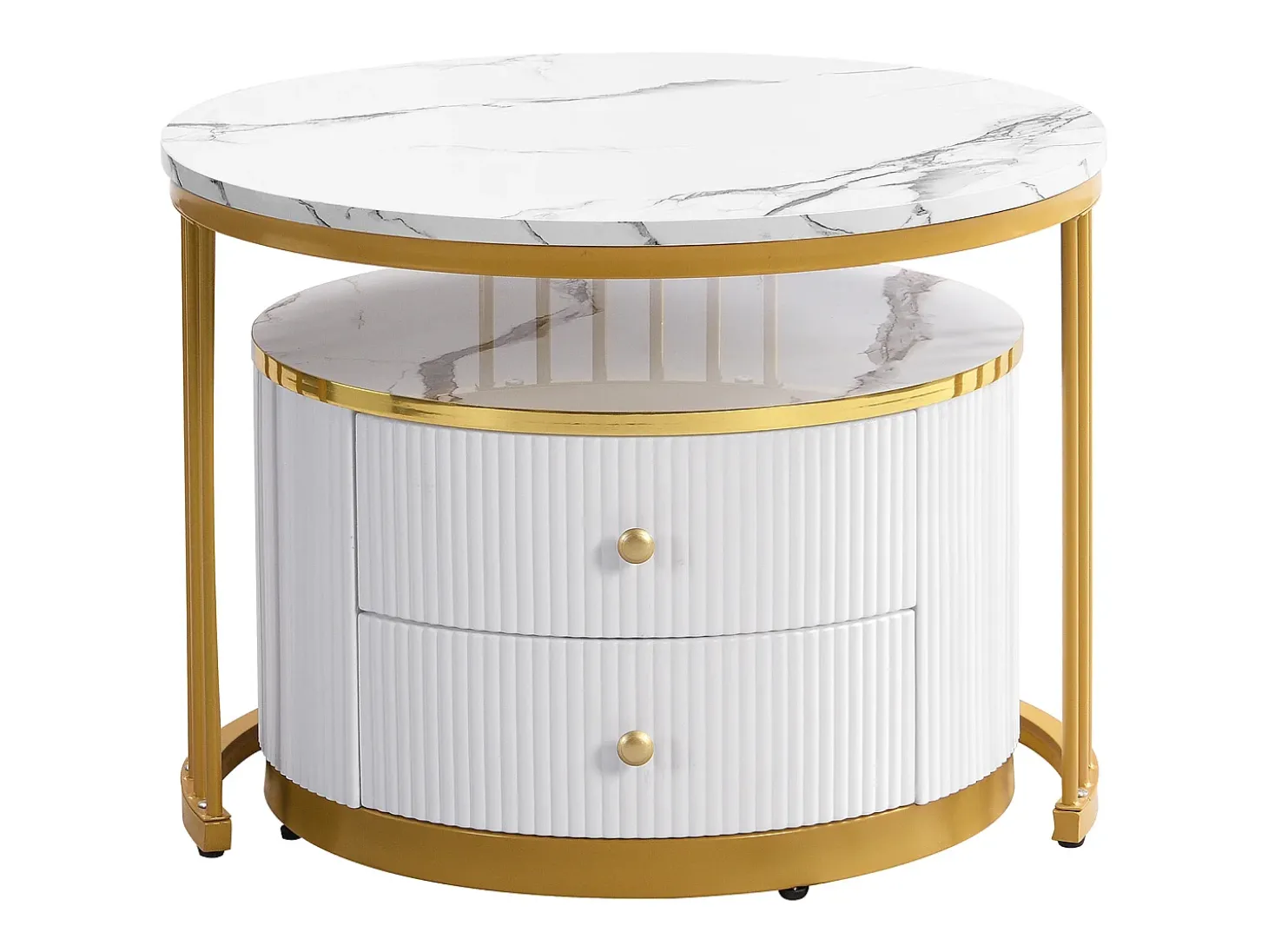 Mesa de centro encaixável com 2 gavetas - Tampo redondo com efeito mármore - Branco e dourado