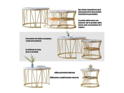 Mesa de centro encaixável, folheado de mármore, estrutura de metal, dourado e branco