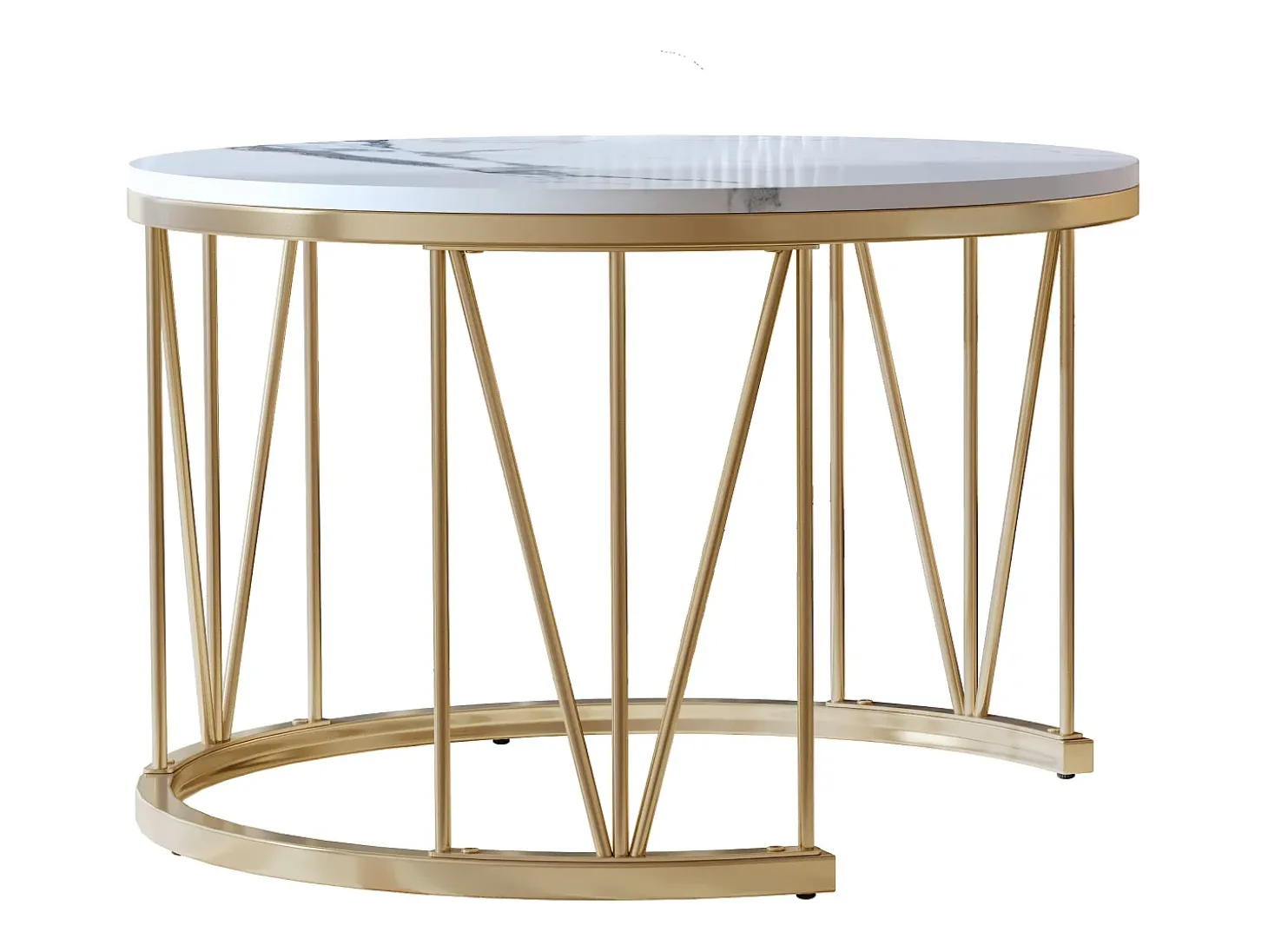 Mesa de centro encaixável, folheado de mármore, estrutura de metal, dourado e branco