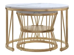 Mesa de centro encaixável, folheado de mármore, estrutura de metal, dourado e branco