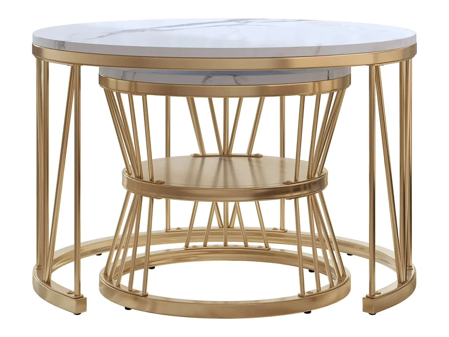 Mesa de centro encaixável, folheado de mármore, estrutura de metal, dourado e branco