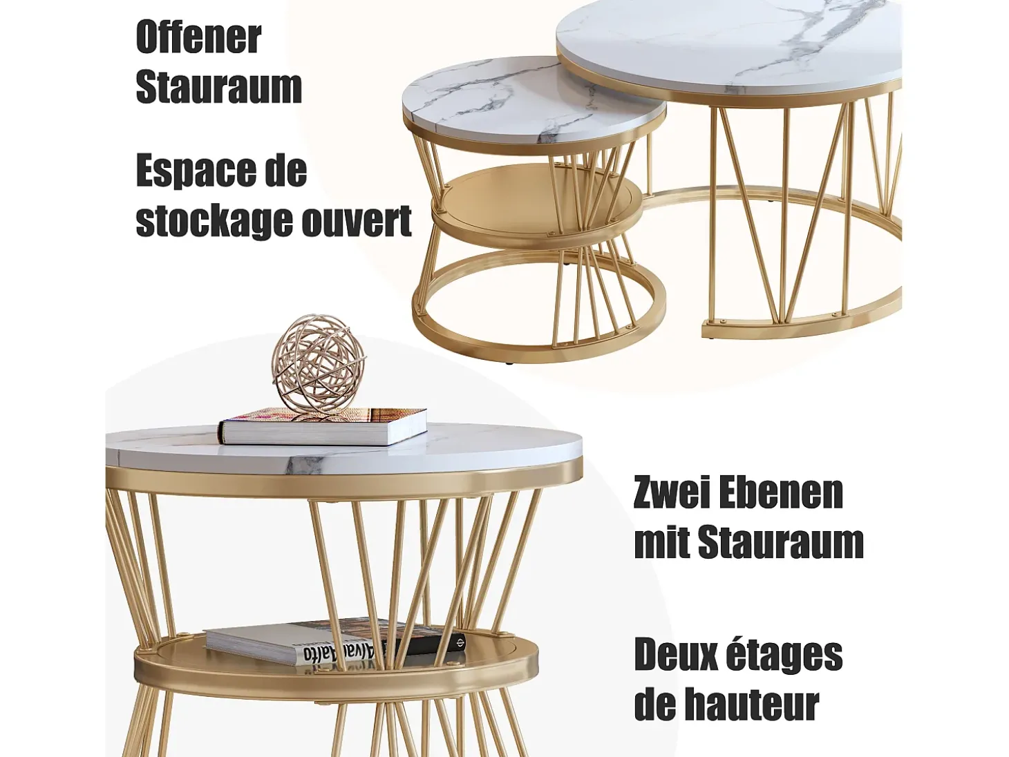 Mesa de centro encaixável, folheado de mármore, estrutura de metal, dourado e branco