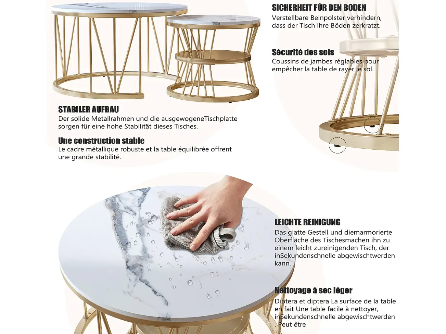 Mesa de centro encaixável, folheado de mármore, estrutura de metal, dourado e branco