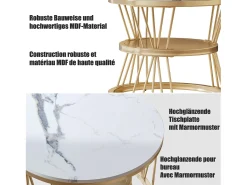 Mesa de centro encaixável, folheado de mármore, estrutura de metal, dourado e branco