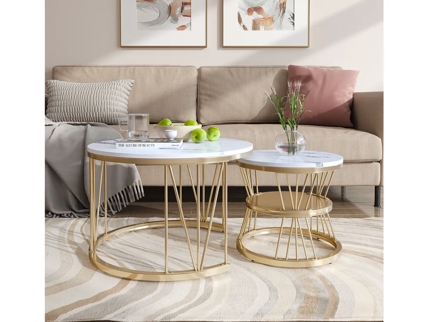 Mesa de centro encaixável, folheado de mármore, estrutura de metal, dourado e branco