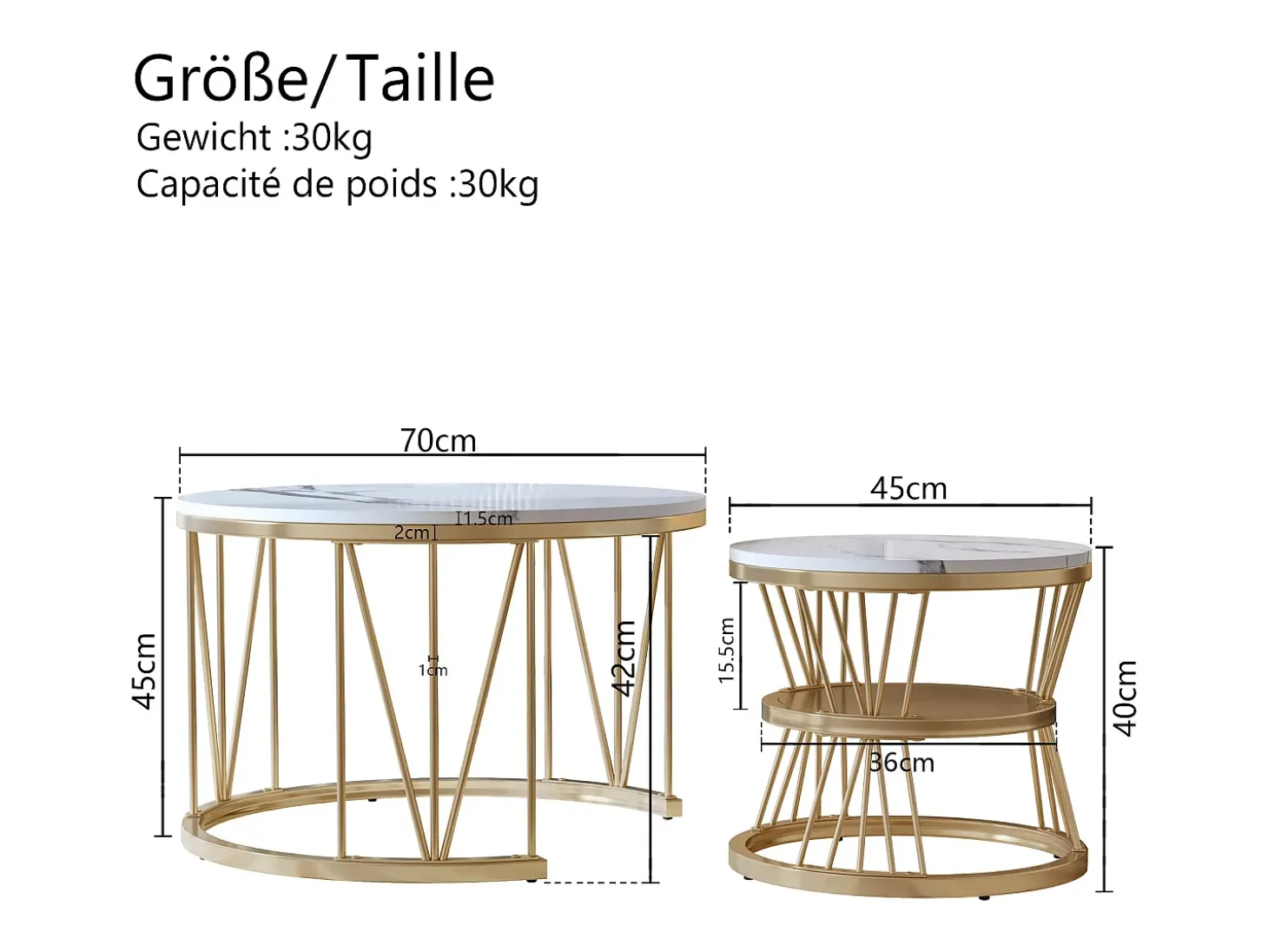 Mesa de centro encaixável, folheado de mármore, estrutura de metal, dourado e branco