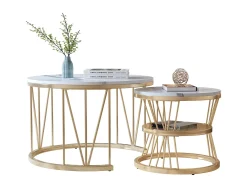 Mesa de centro encaixável, folheado de mármore, estrutura de metal, dourado e branco