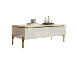 Mesa de centro envernizada brilhante 100x50x36 cm - 2 gavetas - Pés de metal - Painéis de partículas - Branco