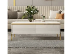 Mesa de centro envernizada brilhante 100x50x36 cm - 2 gavetas - Pés de metal - Painéis de partículas - Branco