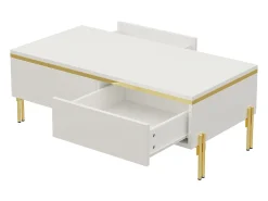 Mesa de centro envernizada brilhante 100x50x36 cm - 2 gavetas - Pés de metal - Painéis de partículas - Branco