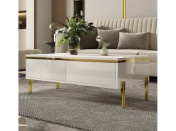 Mesa de centro envernizada brilhante 100x50x36 cm - 2 gavetas - Pés de metal - Painéis de partículas - Branco