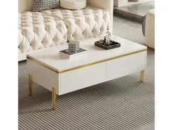 Mesa de centro envernizada brilhante 100x50x36 cm - 2 gavetas - Pés de metal - Painéis de partículas - Branco