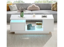 Mesa de centro envernizada brilhante 100x50x36 cm - con iluminação LED - con 1 gaveta - con 4 compartimentos de armazenamento - Branco