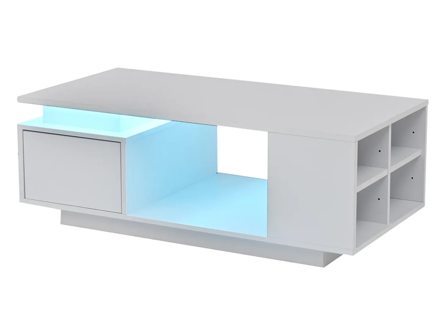 Mesa de centro envernizada brilhante 100x50x36 cm - con iluminação LED - con 1 gaveta - con 4 compartimentos de armazenamento - Branco