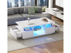 Mesa de centro envernizada brilhante 100x50x36 cm - con LED - 2 gavetas e espaço de armazenamento aberto - painéis de partículas - branco