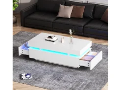 Mesa de centro envernizada brilhante 100x50x35 cm - con LED - con 2 gavetas - painéis de partículas - branco
