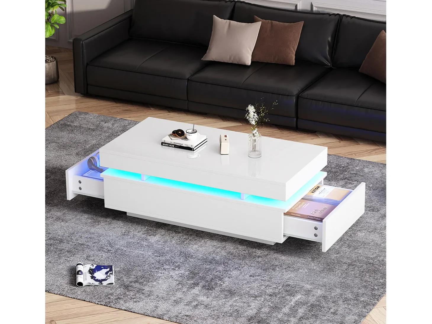 Mesa de centro envernizada brilhante 100x50x35 cm - con LED - con 2 gavetas - painéis de partículas - branco