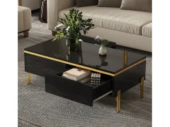 Mesa de centro envernizada brilhante 100x50x36 cm - 2 gavetas - Pés de metal - Painéis de partículas - Preto