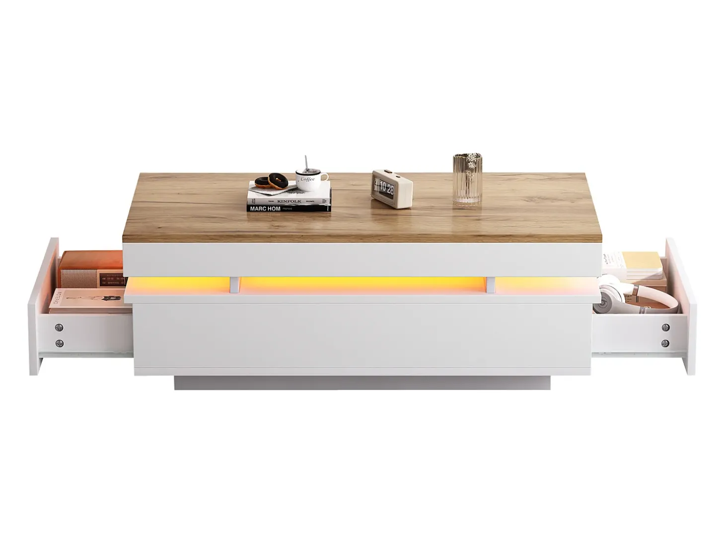 Mesa de centro envernizada brilhante 100x50x35 cm - con LED - con 2 gavetas - painéis de partículas - branco + natural