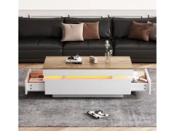 Mesa de centro envernizada brilhante 100x50x35 cm - con LED - con 2 gavetas - painéis de partículas - branco + natural
