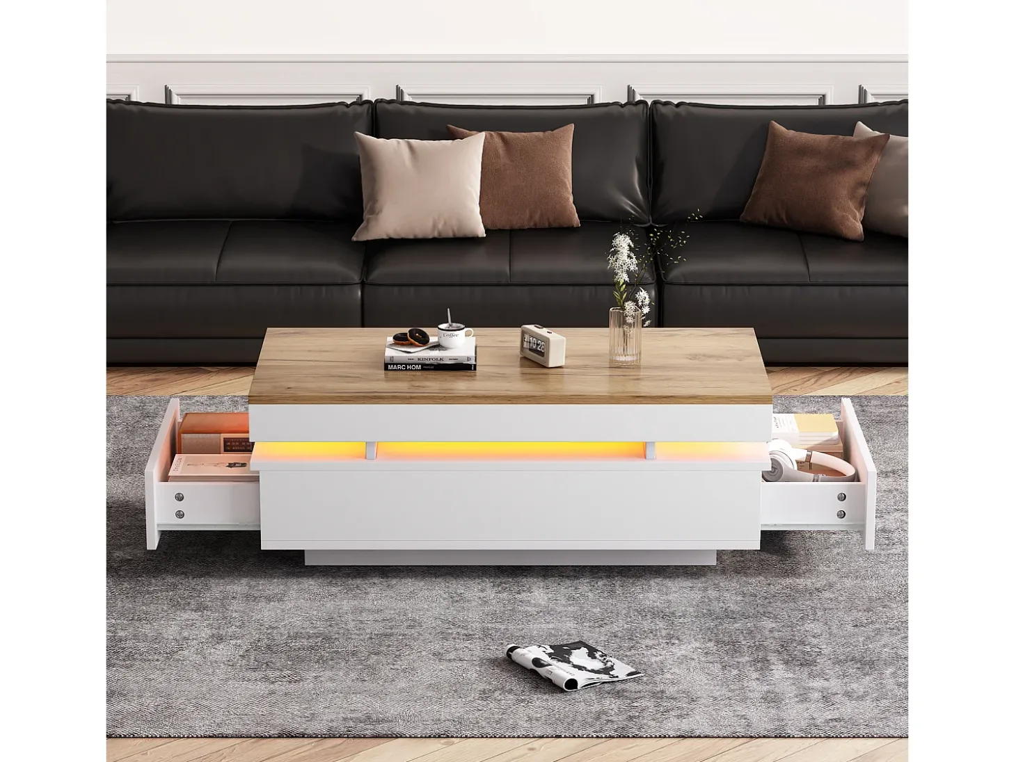 Mesa de centro envernizada brilhante 100x50x35 cm - con LED - con 2 gavetas - painéis de partículas - branco + natural