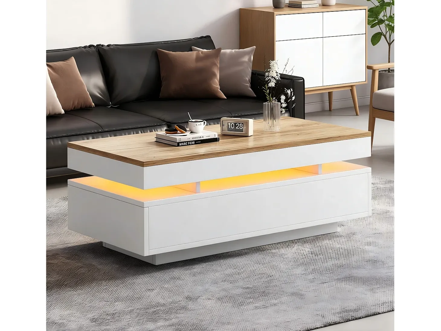 Mesa de centro envernizada brilhante 100x50x35 cm - con LED - con 2 gavetas - painéis de partículas - branco + natural