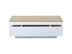 Mesa de centro envernizada brilhante 100x50x35 cm - con LED - con 2 gavetas - painéis de partículas - branco + natural