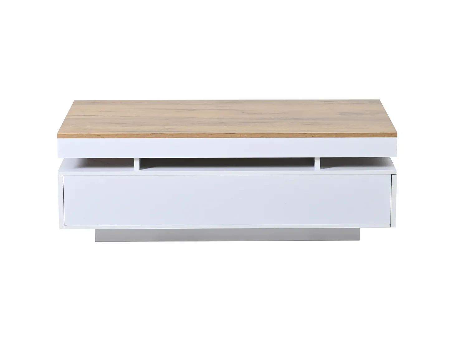 Mesa de centro envernizada brilhante 100x50x35 cm - con LED - con 2 gavetas - painéis de partículas - branco + natural