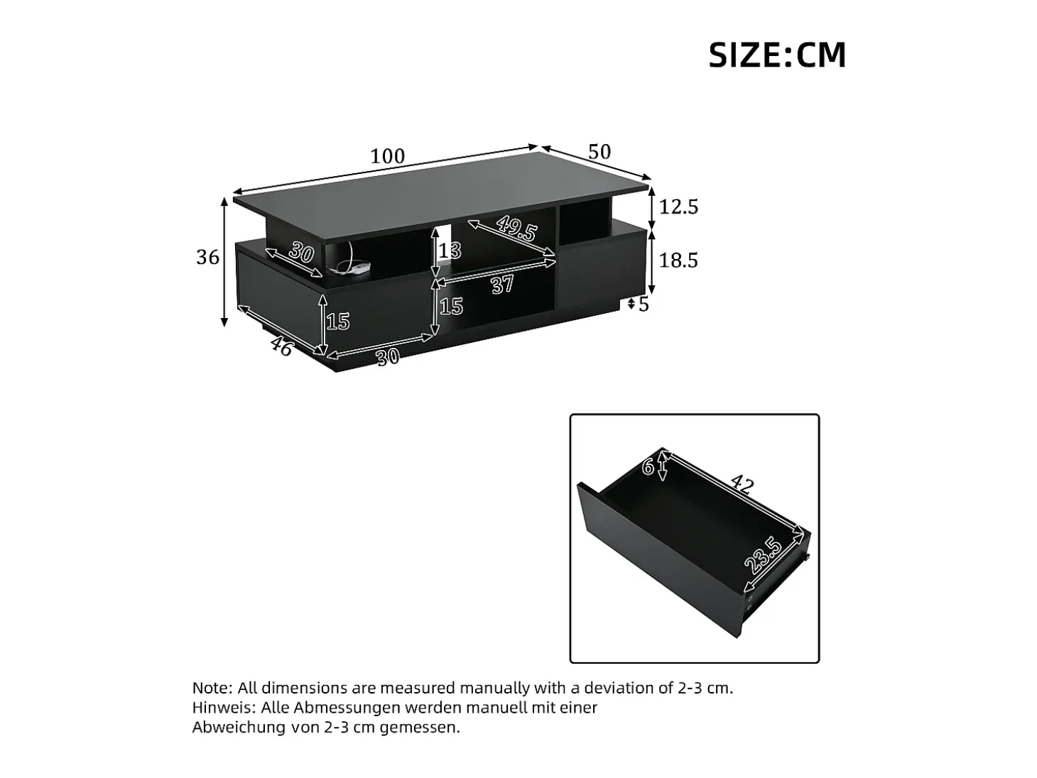 Mesa de centro envernizada brilhante 100x50x36 cm - con LED - 2 gavetas e espaço de armazenamento aberto - painéis de partículas - preto