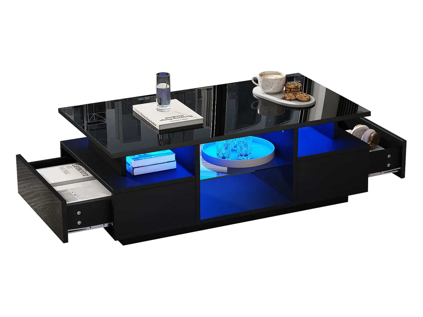 Mesa de centro envernizada brilhante 100x50x36 cm - con LED - 2 gavetas e espaço de armazenamento aberto - painéis de partículas - preto