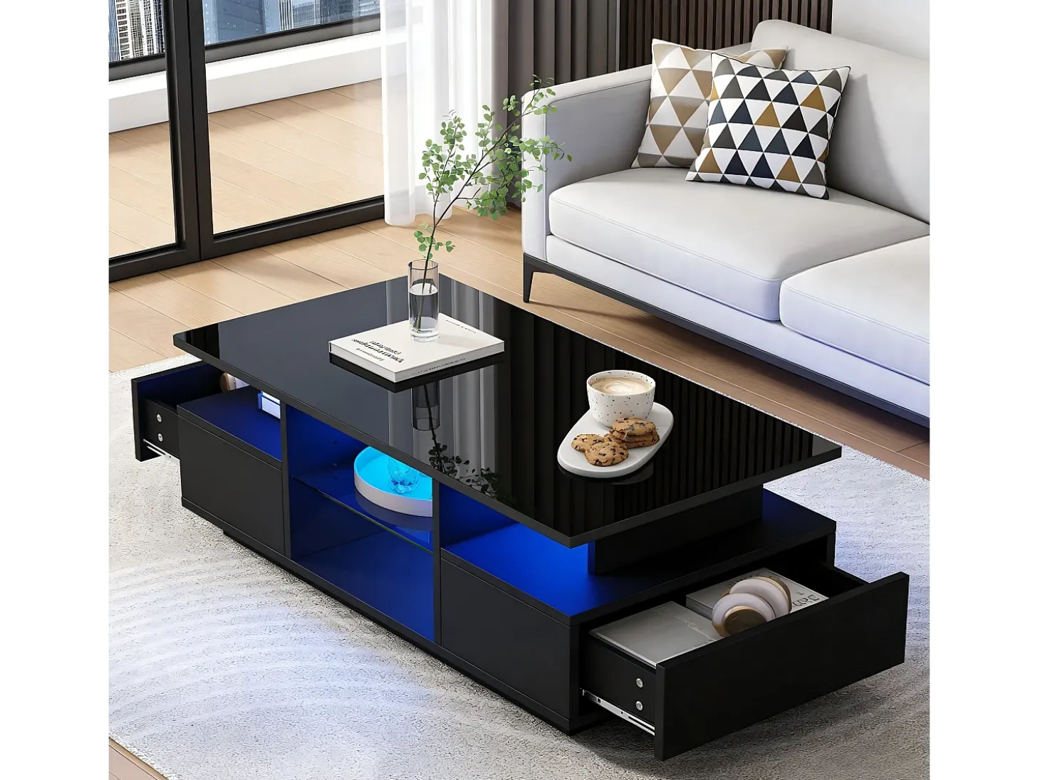 Mesa de centro envernizada brilhante 100x50x36 cm - con LED - 2 gavetas e espaço de armazenamento aberto - painéis de partículas - preto