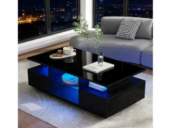 Mesa de centro envernizada brilhante 100x50x36 cm - con LED - 2 gavetas e espaço de armazenamento aberto - painéis de partículas - preto