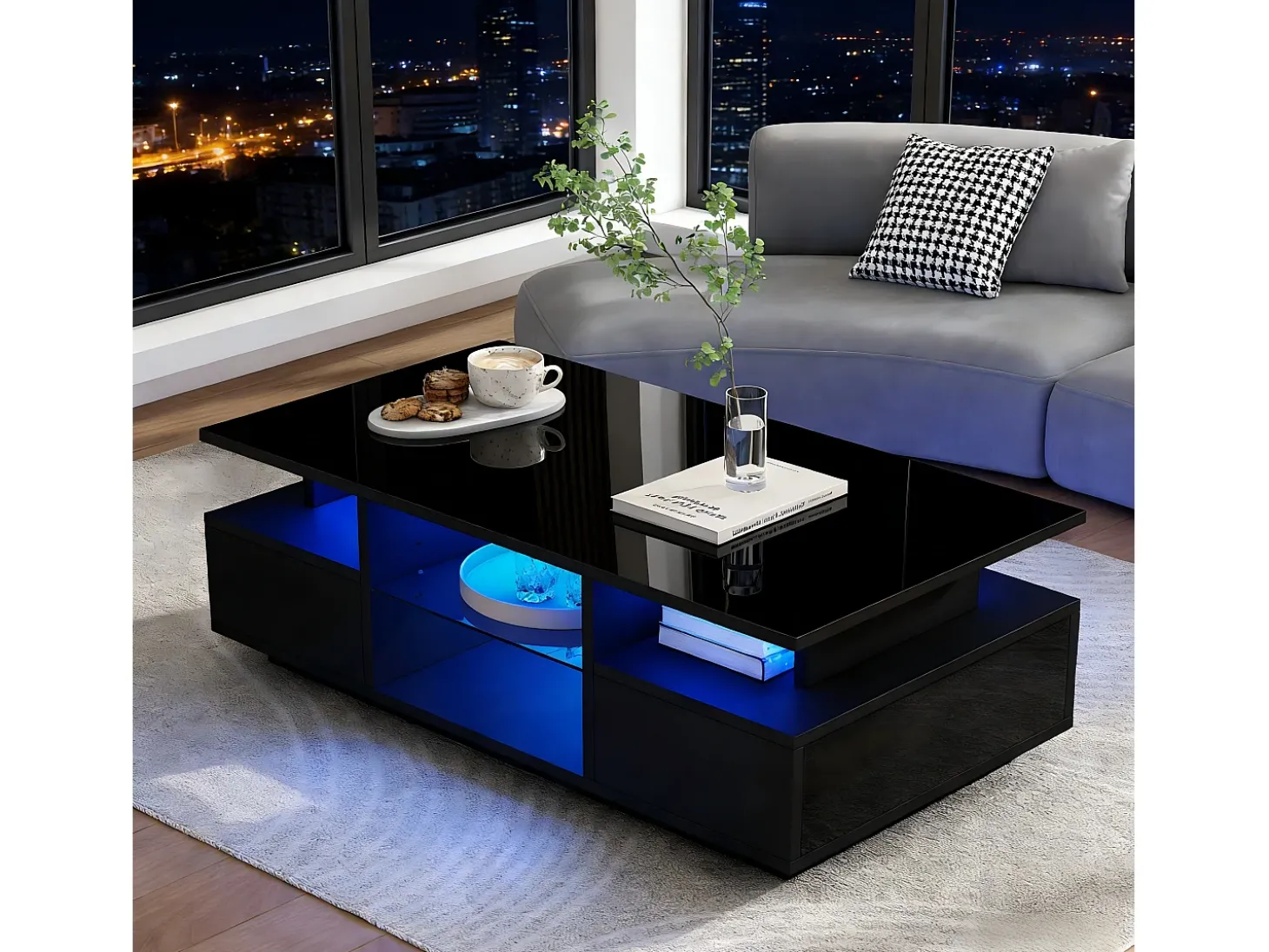 Mesa de centro envernizada brilhante 100x50x36 cm - con LED - 2 gavetas e espaço de armazenamento aberto - painéis de partículas - preto