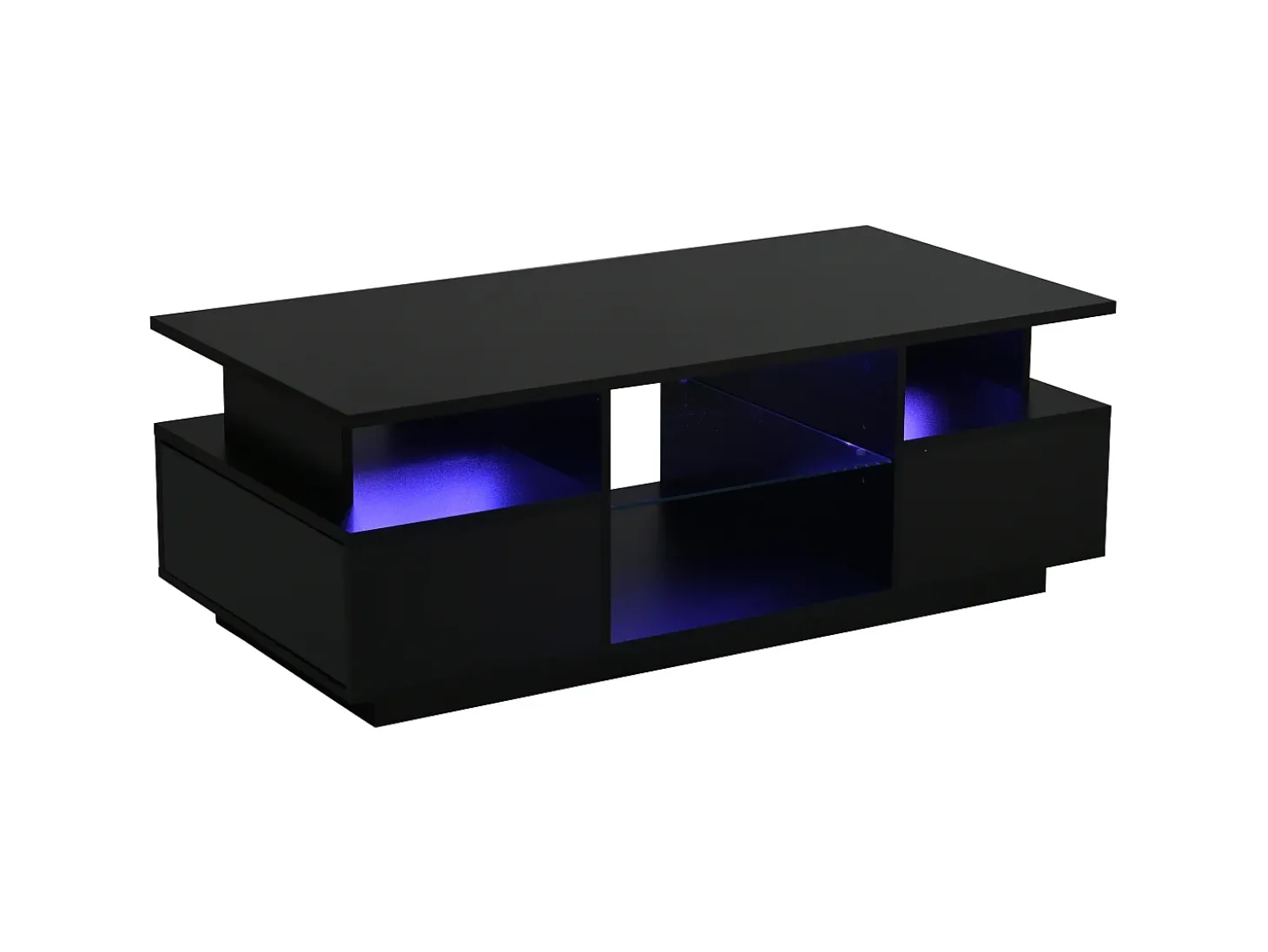 Mesa de centro envernizada brilhante 100x50x36 cm - con LED - 2 gavetas e espaço de armazenamento aberto - painéis de partículas - preto