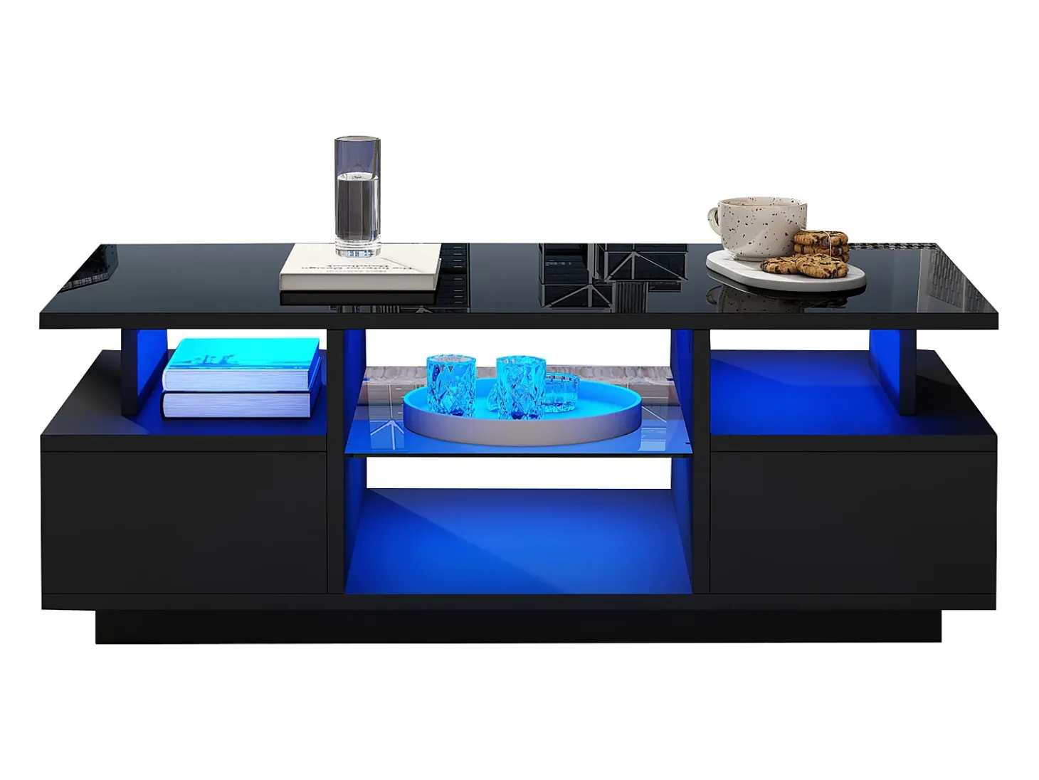 Mesa de centro envernizada brilhante 100x50x36 cm - con LED - 2 gavetas e espaço de armazenamento aberto - painéis de partículas - preto