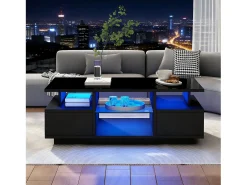 Mesa de centro envernizada brilhante 100x50x36 cm - con LED - 2 gavetas e espaço de armazenamento aberto - painéis de partículas - preto