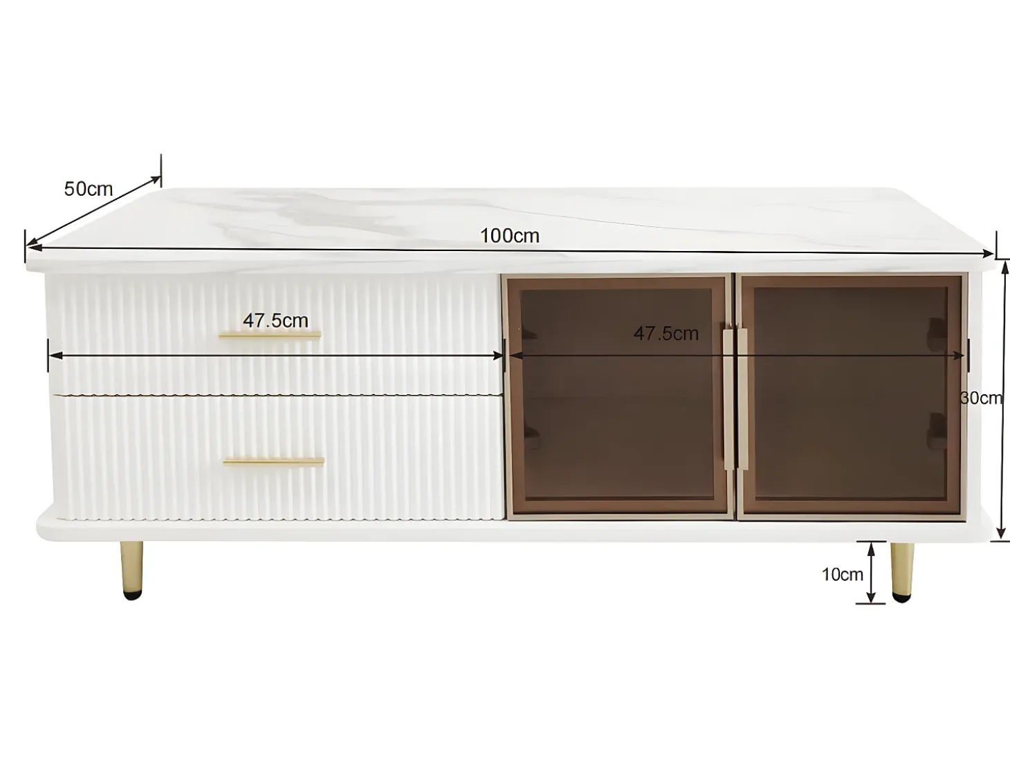 Mesa de centro escandinava - 2 gavetas e 2 portas - LED integrado - folheado com padrão mármore - Branco