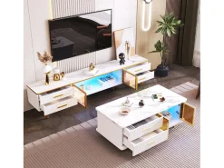 Mesa de centro escandinava - 2 gavetas e 2 portas - LED integrado - folheado com padrão mármore - Branco