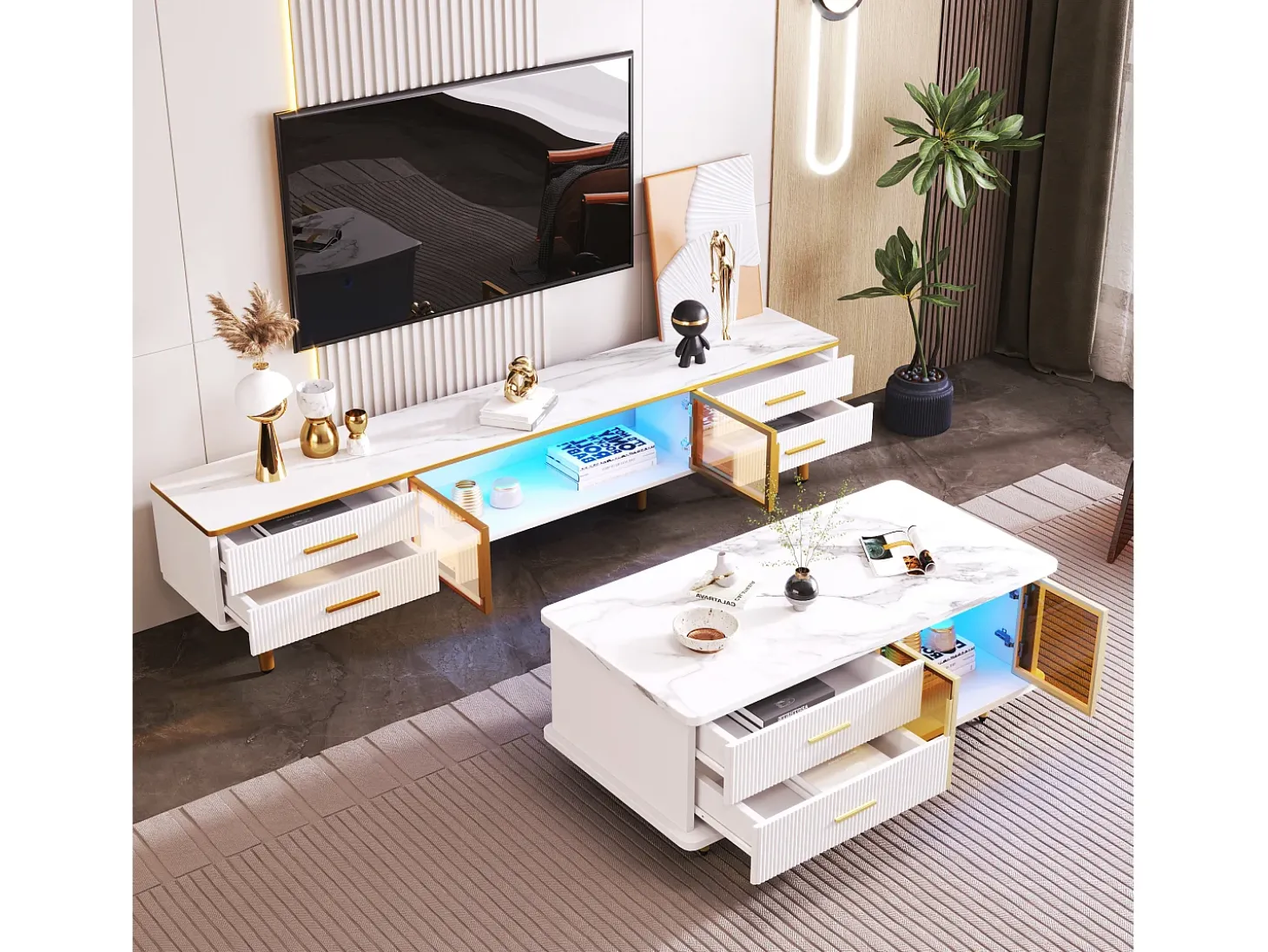 Mesa de centro escandinava - 2 gavetas e 2 portas - LED integrado - folheado com padrão mármore - Branco