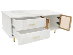 Mesa de centro escandinava - 2 gavetas e 2 portas - LED integrado - folheado com padrão mármore - Branco
