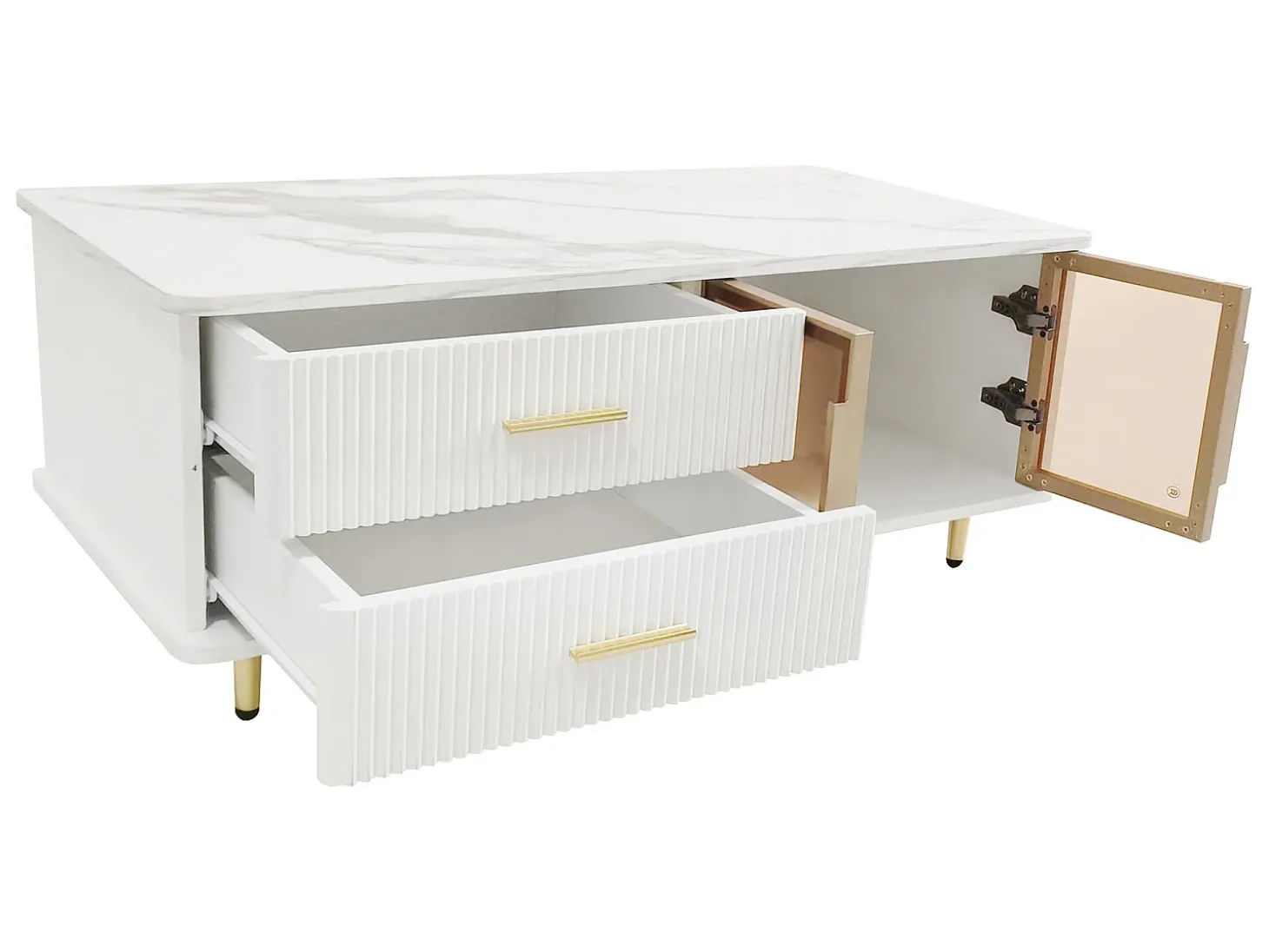 Mesa de centro escandinava - 2 gavetas e 2 portas - LED integrado - folheado com padrão mármore - Branco