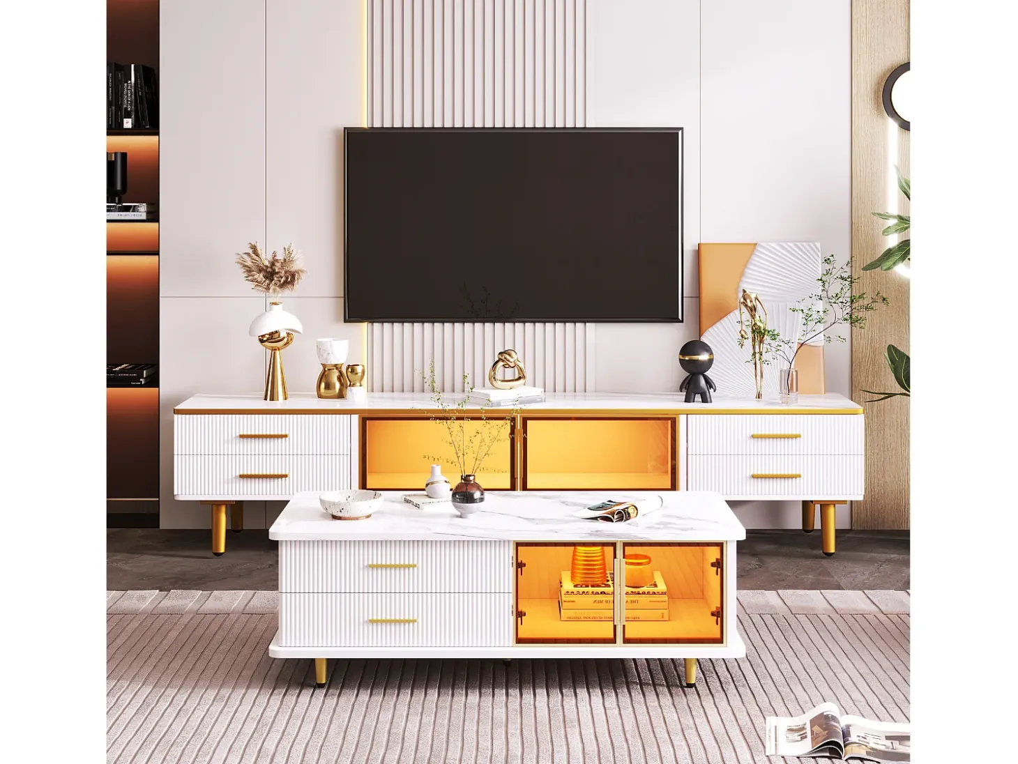 Mesa de centro escandinava - 2 gavetas e 2 portas - LED integrado - folheado com padrão mármore - Branco