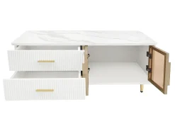 Mesa de centro escandinava - 2 gavetas e 2 portas - LED integrado - folheado com padrão mármore - Branco