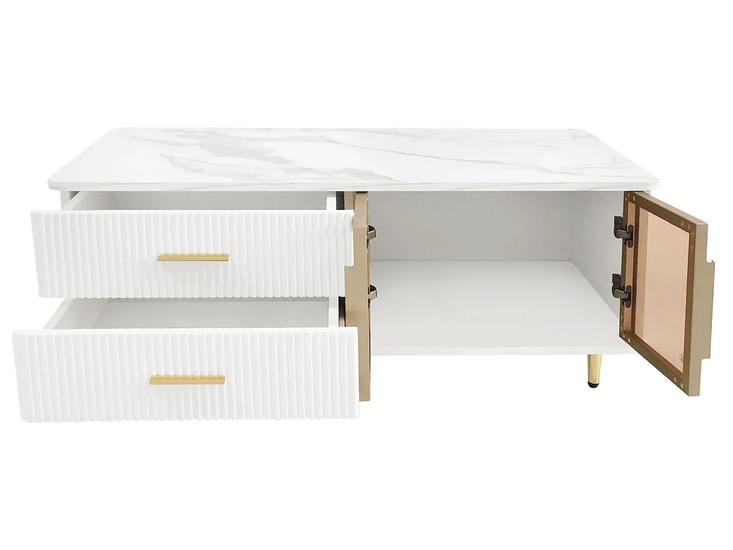 Mesa de centro escandinava - 2 gavetas e 2 portas - LED integrado - folheado com padrão mármore - Branco