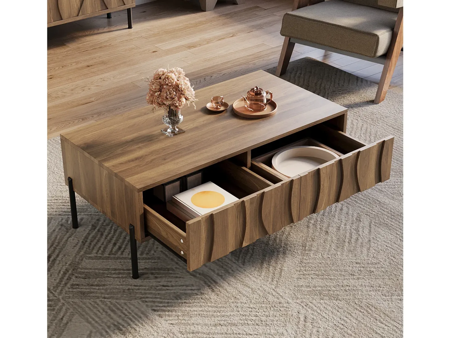 Mesa de centro estilo vintage 105x55x41 cm - com 2 gavetas - Estrutura de madeira - MDF - Natural