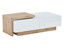 Mesa de centro extensível de MDF com 1 gaveta e 1 prateleira - Natural e Branco - MANDREA